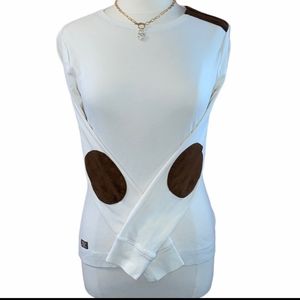 Ralph Lauren Ivory & Brown Suede Elbow Patch Top